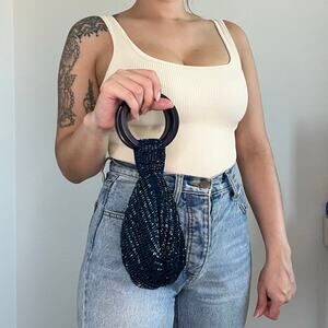 Bamboo Trading Co. Iridescent Blue Beaded Bag Ring Handle Purse Y2K Boho 12"